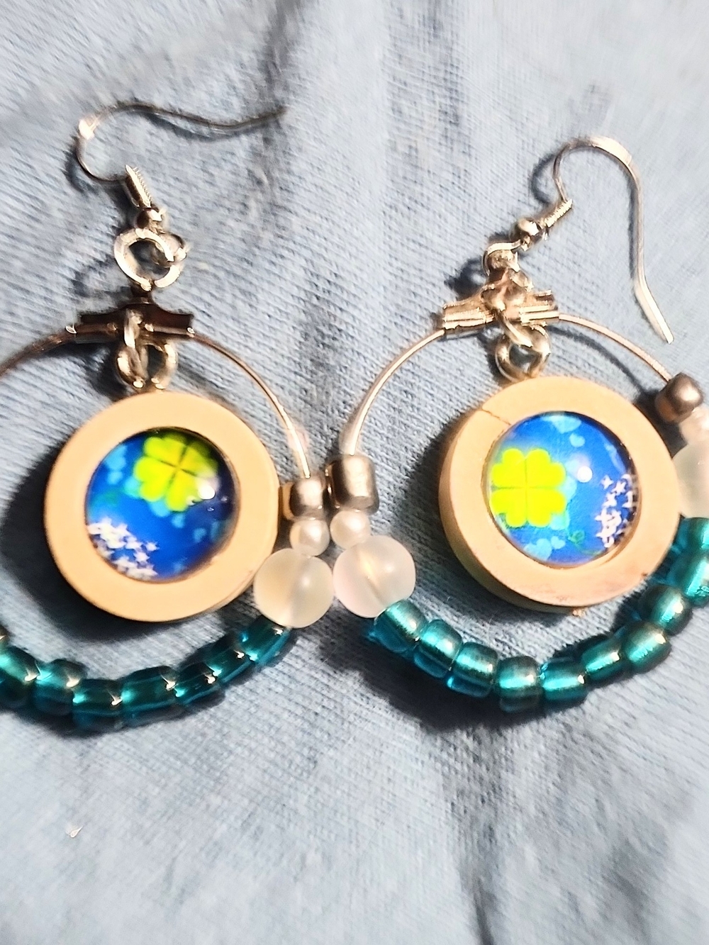 Blue Clover Drop Hoop Earrings with Teal Beads - Women Jewelry